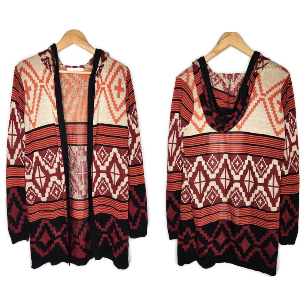 Say What Hooded Open Front Cardigan Sweater in Aztec Print Size M